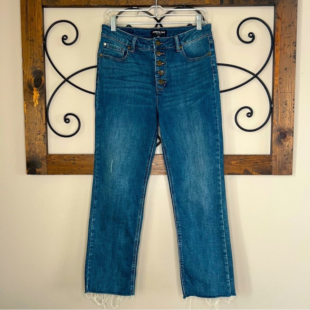 Kenneth Cole NY Ankle Exposed Button Fly Raw Hem Straight Leg Stretch Jeans SZ 6